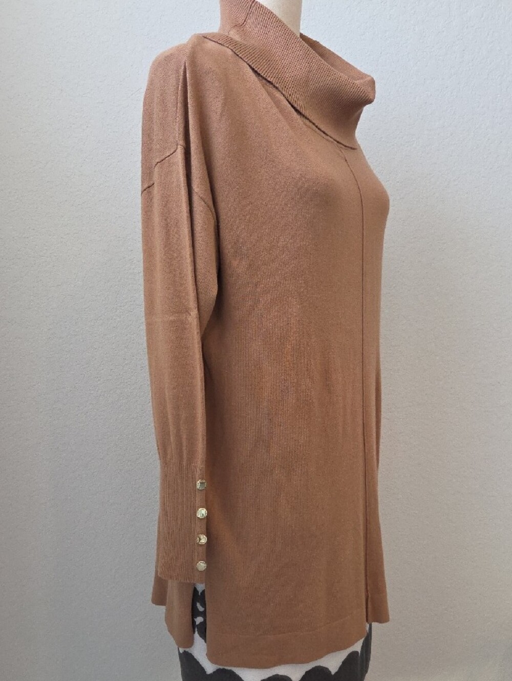 Anne Klein Classy Camel Brown Cowl-Neck Sweater Gold Button Cuffs M